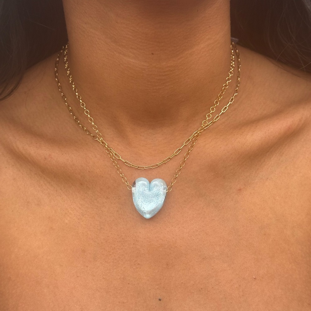Gold Filled Chain Necklace with Blue Sky Handblown Glass Heart Pendant